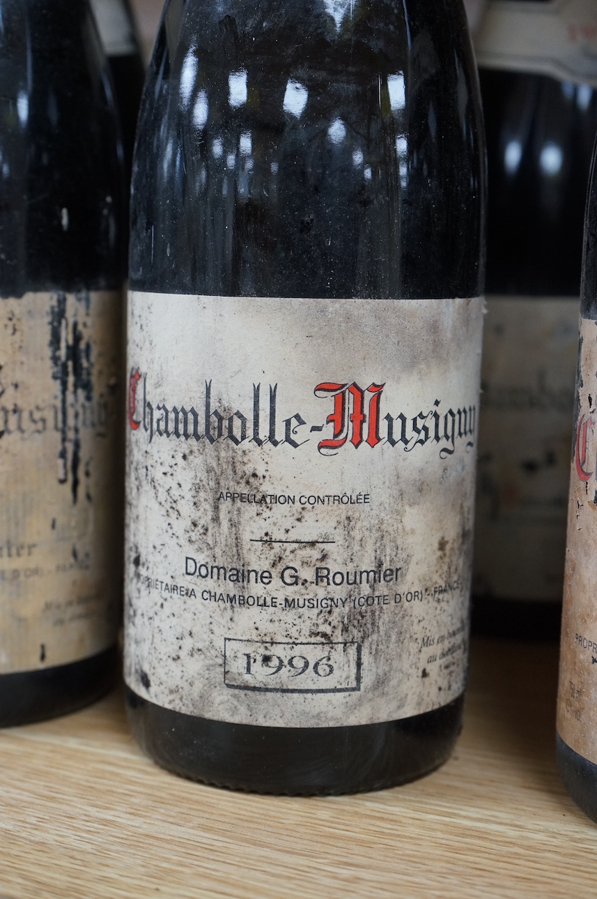 Ten bottles of Georges Roumier Chambolle-Musigny comprising nine bottles, 1993 and one 1996. Condition - fair, labels disintegrated, from a local private cellar